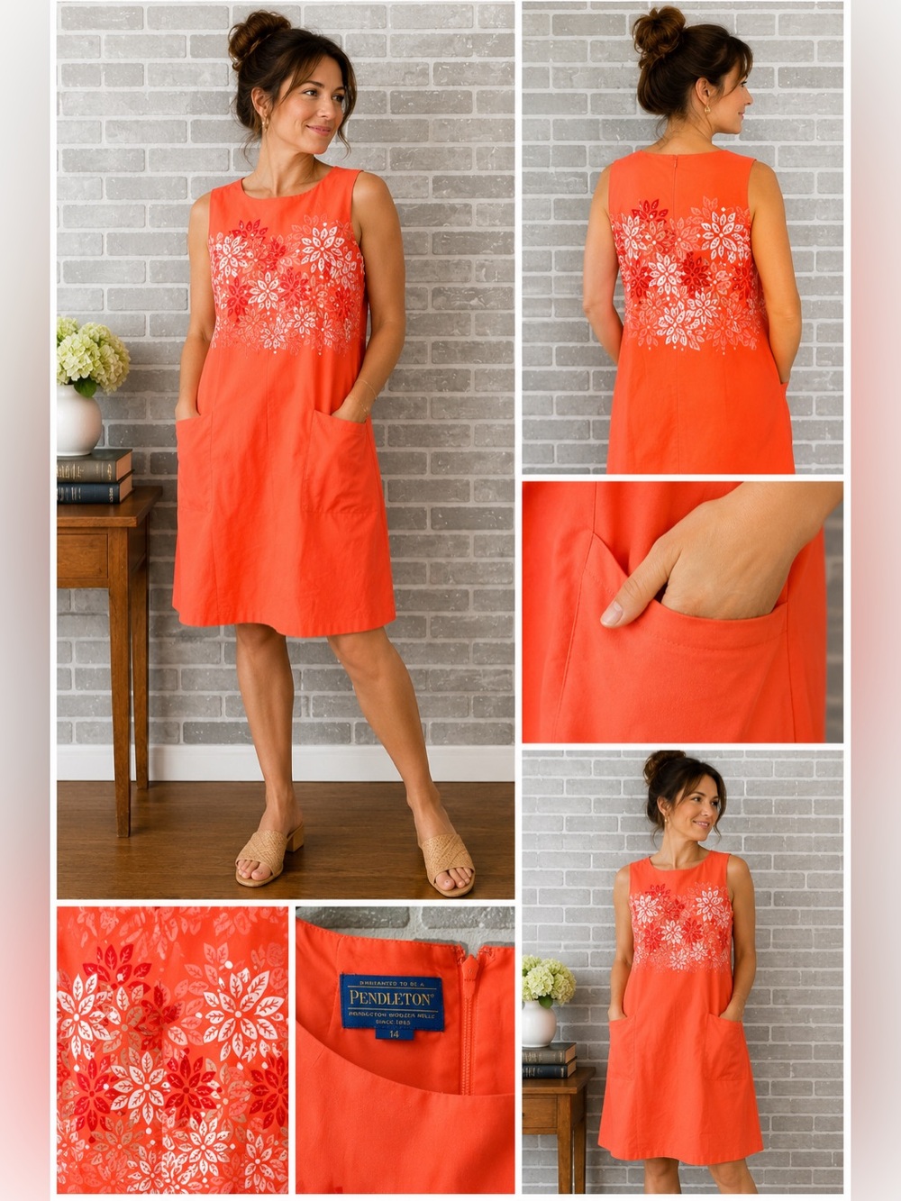 Pendleton Coral Floral Shift Dress Size 14 Sleeveless Cotton Blend Pockets Summe